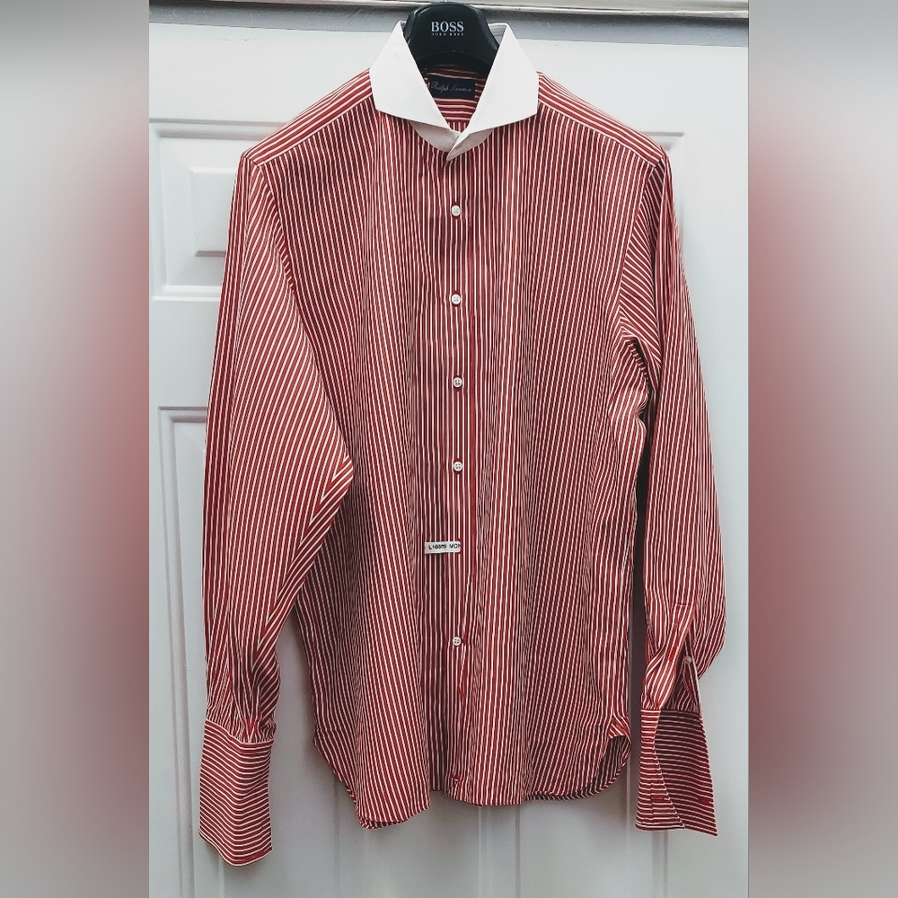 RALPH LAUREN PURPLE MENS COTTON STRIPED LONG SLEEVE SHIRT SIZE 17 MADE IN ITALY